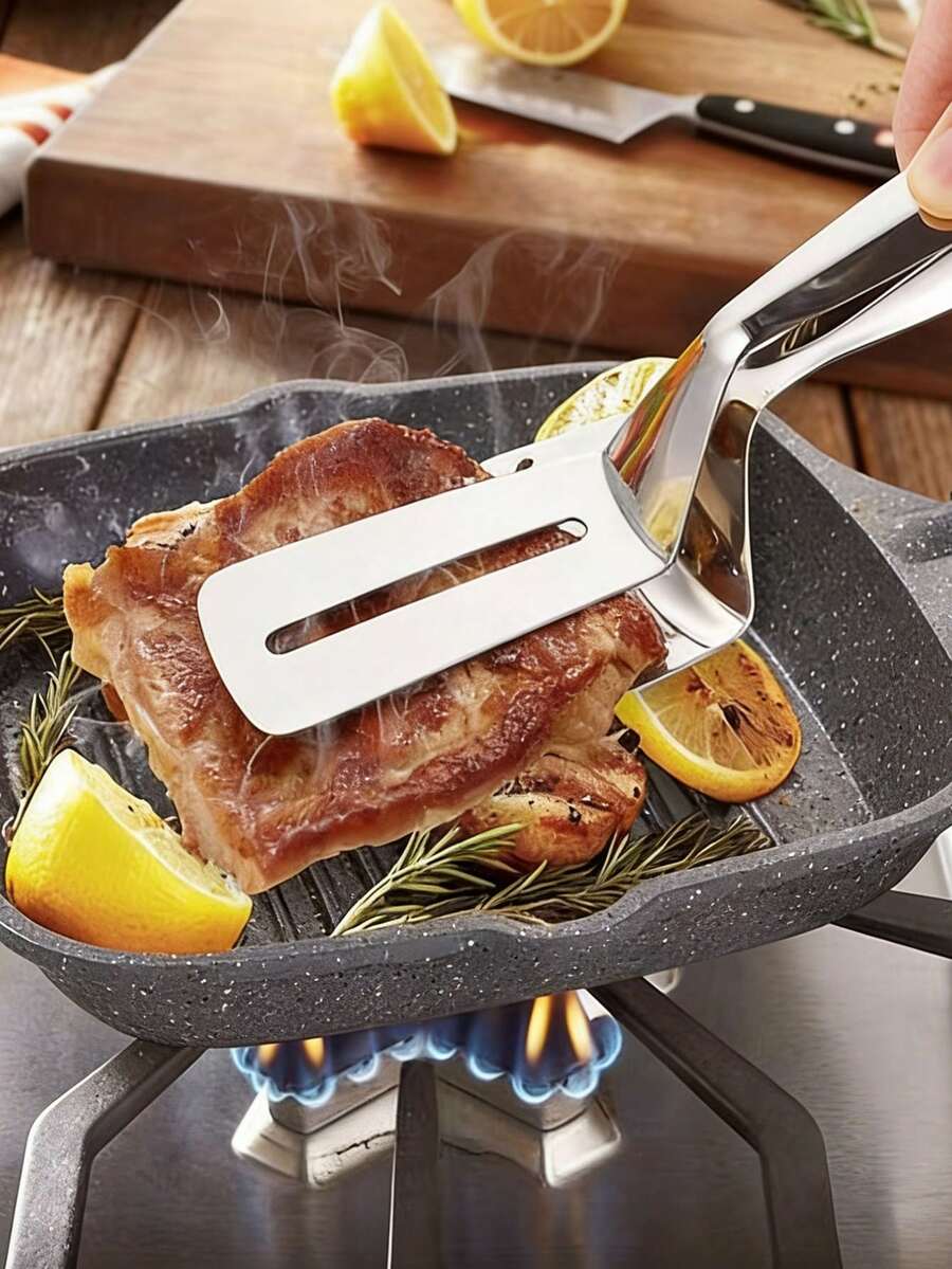 1个不锈钢食物翻夹，重型二合一铲钳，适用于煎牛排、鱼、汉堡、烧烤、烘焙、油炸不粘锅烹饪工具 - 銀色 - 查看 1