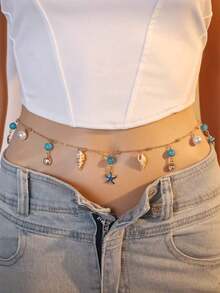 1pc Boho-Style Lovely Seashell, Starfish & Faux Pearl Gold-Tone Women Waist Chain/Belt, Suitable Beach, Music Festival, Dates, Summer - Gold - 查看 2