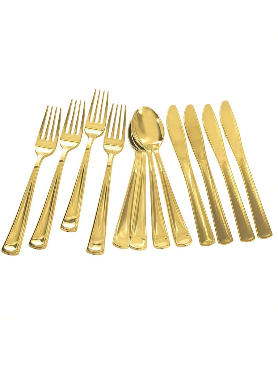 150/50/25/12pcs Gold Cutlery Set, Salad Forks & Spoons, Pasta Spoons, Steak Knives & Forks, Dessert Spoons & Forks, Full Tableware Set, Easy To Clean And Reusable, Suitable For Home, Restaurant, Wedding, Outdoor, Birthday, Party, Holiday Gatherings (Multiple Specifications Available For Any Number Of Diners)