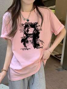 Áo thun in hình họa tiết vẽ tay cá nhân hóa mùa hè mới, thiết kế độc đáo, màu hồng, phong cách thường ngày. - Hồng - Xem 3