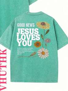 Summer Tops2026VHUTHK Double Sided Printed (230 Pure Cotton T-Shirt) 'JESUS LOVE YOU' Letter And Flower Print, Suitable For Casual, Comfortable, And F - 薄荷綠 - 查看 2