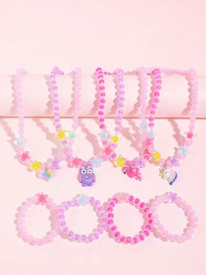 Set de 2 piezas de joyería de collar y pulsera para niñas, incluye colgante de unicornio, flamenco, búho y corazón, adecuado para fiesta de vacaciones, regalo de cumpleaños y uso diario