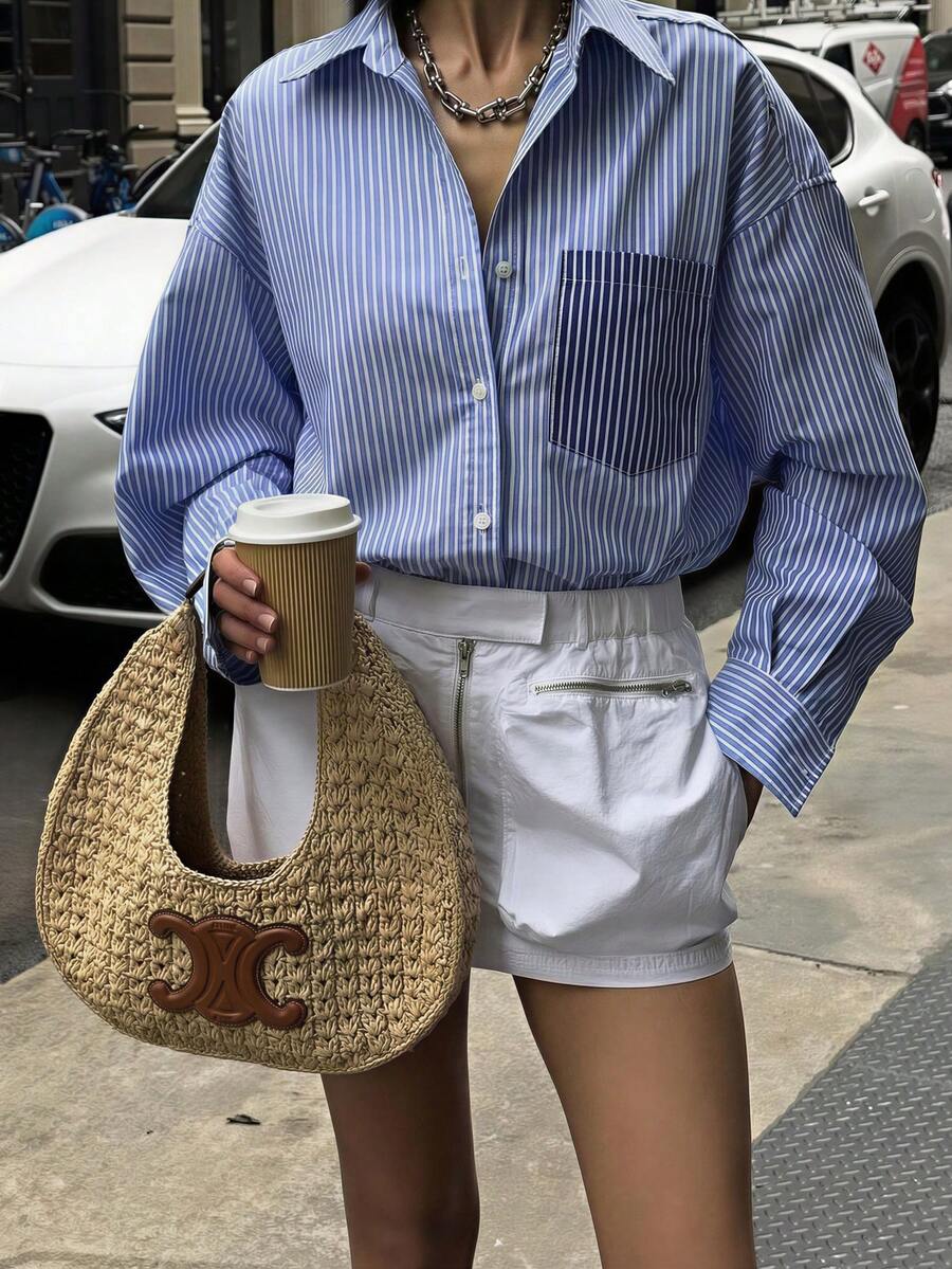 Sookaug Blue And White Striped Women's Spring Minimalist Versatile Casual Loose Shirt - Multicolor - View 1