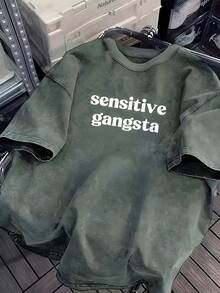 Sensitive Gangsta T Shirt Retro Washed T-Shirt Double Sided Printed 230 Pure Cotton T-Shirt Men's T-Shirt Men's Casual Comfortable Fashionable T-Shirt Street Style Cotton - 軍綠色 - 查看 1