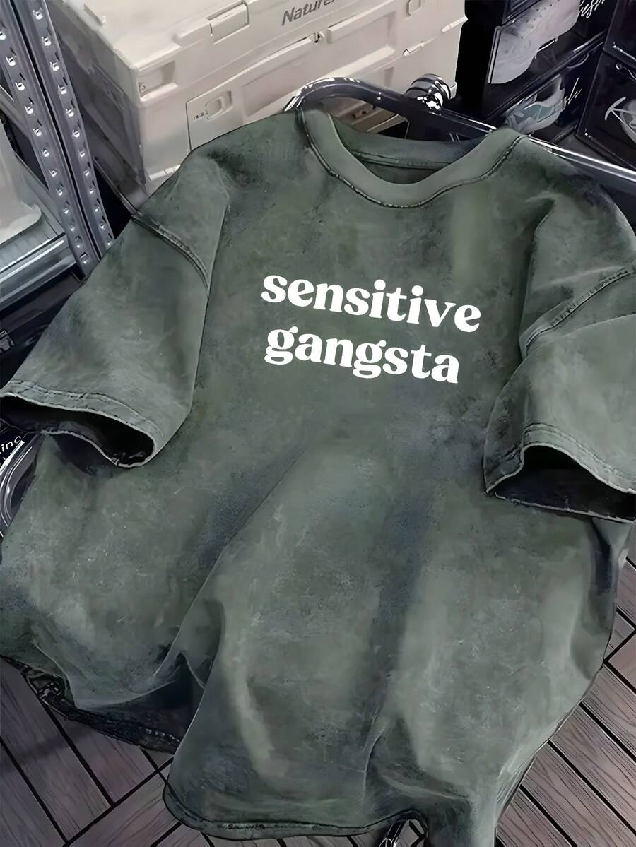 Sensitive Gangsta T Shirt Retro Washed T-Shirt Double Sided Printed 230 Pure Cotton T-Shirt Men's T-Shirt Men's Casual Comfortable Fashionable T-Shirt Street Style Cotton - 軍綠色 - 查看 1