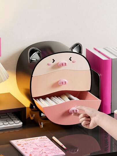 1个卡通小猪桌面收纳盒，化妆品收纳盒，可爱风格卧室梳妆台抽屉收纳盒