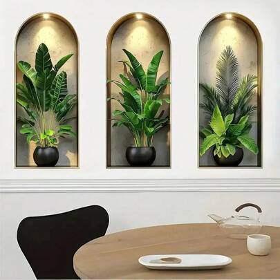 1-3pcs Nordic Arch Window Sill Green Plant Themed Decorative Stickers, Waterproof Stickers, PVC Material, Easy To Apply And Remove, Suitable For Home Decor, Bathroom, Room, Living Room, Dressing Room, Wardrobe, Study, Porch, Wall Beautification