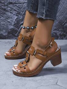 Giày sandal nữ đế dày khoét rỗng, màu trơn, phong cách Bohemian thanh lịch, thể thao, nghỉ dưỡng, tiên phong, thời trang thường ngày, gợi cảm, kiểu dáng hộp đêm, sandal cao gót có khóa cài, thích hợp cho hoạt động ngoài trời, ở nhà, văn phòng, khu nghỉ dưỡng, trường học, đám cưới, lễ hội, mùa hè. - màu nâu - Xem 5