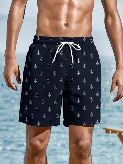 Men's Anchor Print Drawstring Waist Beach Shorts