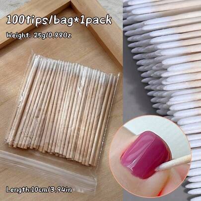 100-Piece Wooden-Handled Cotton Swabs. The Pointed And Small Tips Are Used For Eyebrow Shaping, Beauty, Makeup, And Nail Art. The Wooden Sticks Are Also Included.