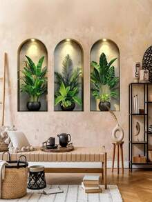 1-3pcs Nordic Arch Window Planter Wall Stickers, Green Plant Theme Decals, Waterproof PVC Material, Easy To Apply And Remove, Suitable For Home Decor, Bathroom, Room, Living Room, Dressing Room, Wardrobe, Study, Porch, Wall Beautification - A - View 2