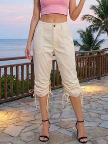 Women's Spring Summer Capri Pants Drawstring Cuff Solid Color Slim Fit Cropped Trousers - 卡其色 - 查看 5
