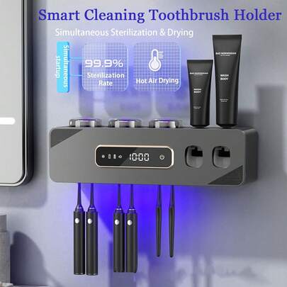 Automatic Toothpaste Dispenser, Rechargeable Toothbrush Holders For Bathrooms, 3 Cups Electric Toothbrush Holder Wall Mounted With Toothpaste Dispenser Bathroom Decor (Grey)