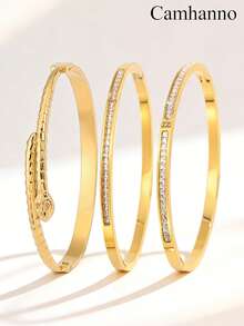 Camhanno 3/1pc Golden Jewelry Set, Chic And Graceful Stainless Steel Bangle, Suitable For Cozy Dating Moments, Lively Party Gatherings, Daily Urban Commuting, And Heartfelt Gifting, Boasting A Durable Polished Metal Finish That Combines Practicality With Artistic Design - Gold - View 4