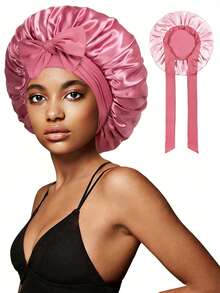 Double Layer Satin Sleep Cap With Bowknot Ribbon | Wide Brim, High Elasticity, Stretch Fit, All-Season, Lightweight, Fabric For Women. - Color - View 10