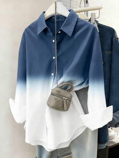 Camisa casual de mezclilla azul y blanca, atuendo de verano para mujer, atuendos de playa para mujer, blusas casuales para mujer, camisa de manga larga de corte holgado y versátil para mujer, cubrecamisas de primavera