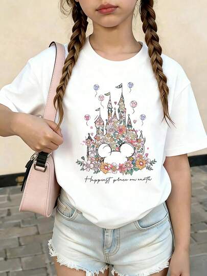  Disney Happiest Place On Earth - The Flower-Filled Disney Castle With Mickey Ears And Balloons Print Pattern Summer Tops,Short-Sleeved Casual And Cute Style  Children's Clothing Design, Girl Clothes For Kids ,Ropa Para Niños,Girl Clothes For Kids,Graphic Tee, Summer Clothes,Perfect For Cool Girls. Comfortable And Breathable Children's Short-Sleeved T-Shirt. Comfortable And Casual Wear All Year Round 180g Pure Cotton Children's Clothes,Comfortable & Lightweight, Iconic Print For Mix-And-Match Outfits,Suitable For Both Boys And Girls.