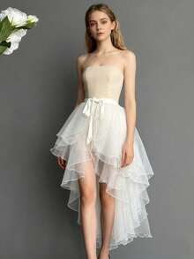 Irregular Asymmetric Hem Dress, White/Black/Red/Pink/Light Blue/Champagne, Uneven Front Short Back Long Swallow Tail, Irregular Mermaid Tail Performance Dress, Irregular Puff Dress, Flowy Stage Dress, 3-Layer Swiss Mesh Maxi Skirt, One-Piece Small Apron, Ruffled Layered Trailing Overskirt, Suitable For Wedding, Party, Performance, Bridal, Bridesmaid, Stage Show, Cosplay, Travel Photography, Dance, Halloween Costume - Multicolor - View 1