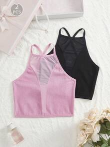 2pcs Contrast Color Mesh Cropped Backless Top, Sexy Sheer Criss-Cross Backless Deep V Spring/Summer Knit Camisole - Multicolor - View 1