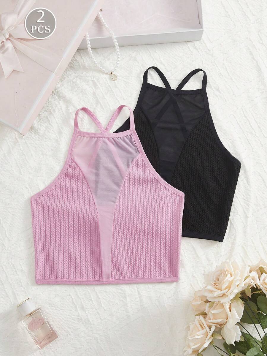 2pcs Contrast Color Mesh Cropped Backless Top, Sexy Sheer Criss-Cross Backless Deep V Spring/Summer Knit Camisole - Multicolor - View 1