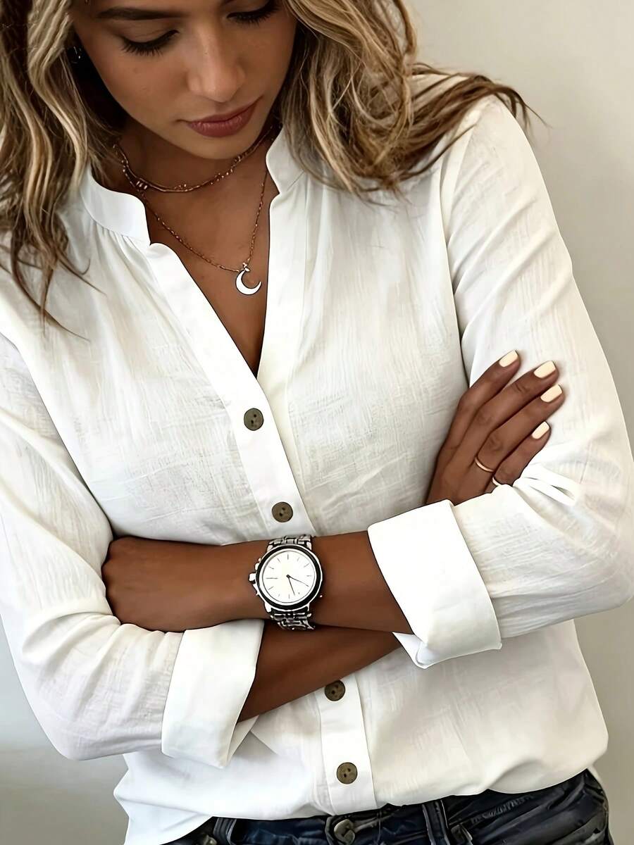 1 buah Kemeja Wanita Elegan Warna Polos Bahan Poliester, Cocok untuk Kantor, Rumah, dan Pakaian Sehari-hari di Musim Semi/Panas, Warna Putih - Putih - View 1