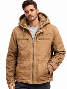 Men's Twill Jacket, Fully Lined With Faux Fur, With A Removable Hood. - Camel - View 5
