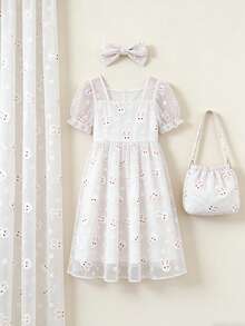 1件卡通兔子印花薄纱面料，洛丽塔连衣裙DIY薄纱预裁面料 - 白色 - 查看 6