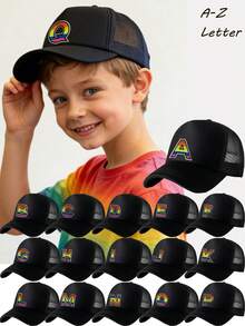1PC Mesh Letter Embroidery Mesh Baseball Cap Boys Girls Outdoor Adjustable Casual Hats Boy Girl Travel Sunscreen Hat 8-14Y - Black - View 1