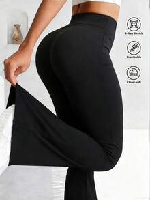 女士提臀塑形无缝瑜伽裤，高腰喇叭裤腿 - 黑色 - 查看 4