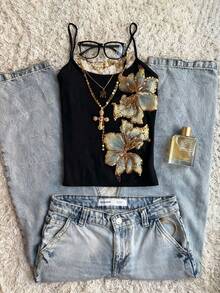 三件套休闲 Y2K 女式复古花卉刺绣亮片吊带无袖背心，优雅外出派对夏季度假装，黑色 - 黑色 - 查看 4