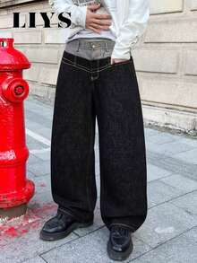 1件男士复古个性双腰设计宽松阔腿牛仔裤，街头风哥特式宽松阔腿牛仔裤（不含腰带和配饰） - 黑色 - 查看 1