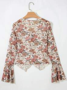 春季花卉印花V领喇叭袖女式上衣 - 彩色 - 查看 2