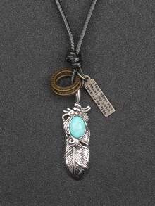 1 pieza Collar colgante de cadena de aleación con pluma minimalista, collar gargantilla de estilo vaquero occidental retro con pluma de turquesa, regalo unisex para parejas - Cuerda de cera - Ver 7