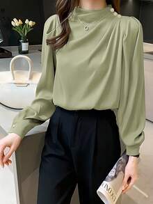 Camisa casual y ligera para mujer con cuello mao, diseño plisado y mangas princesa, adecuada para primavera y otoño - Verde Oliva - Ver 5