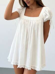 Women's Square Neck Puff Sleeve Babydoll Top Lace Trim Ruffle Hem Blouse Summer Casual Flowy Tunic Top For Beach Vacation - 白色 - 查看 3
