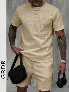 2pcs Men's Diamond Texture T-Shirt And Shorts Set, Casual Commuter Comfortable Minimalist - Khaki - View 3