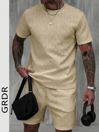 2 Peças Conjunto de Camiseta e Shorts com Textura de Diamante Masculino, Casual, Confortável e Minimalista