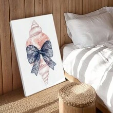 1 pza Arte de pared de verano azul, decoración de playa, cuadro de lienzo con marco, póster vintage, concha, lazo de encaje, azul y blanco - Botánico, acuarela, estilo suave y soñador, regalo ideal, decoración para sala, dormitorio u oficina, incluye herrajes - Vertical - Lienzo enmarcado - Ver 9