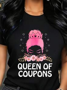 Lady Plus Size T Shirt Mother Day Queen Of Coupons Graphic Print Casual Top For Home And Everyday Wear - màu đen - Xem 1
