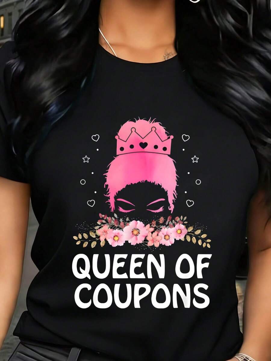 Lady Plus Size T Shirt Mother Day Queen Of Coupons Graphic Print Casual Top For Home And Everyday Wear - màu đen - Xem 1