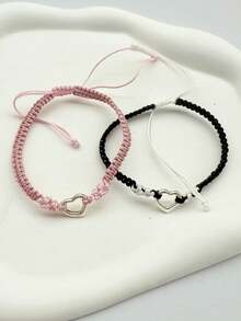 1 件甜美简约编织绳心形手链，适合作为情侣礼物情人节、妈妈、母亲、母亲节、礼物 - 黑色 - 查看 10