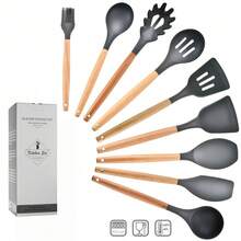 8/9/11件套木柄硅胶厨房用具套装，9件套深灰色木质硅胶厨房工具铲勺套装，欧式不粘锅烘焙工具套装 - 黑色 - 查看 10