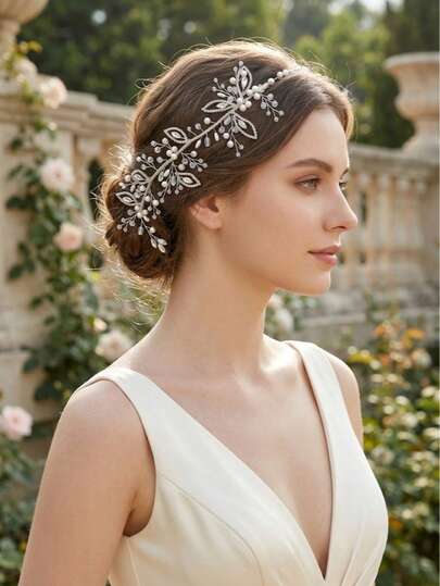 1PC Faux Pearl & Rhinestone Decor Bridal Hair Vine, Romantic Leaf Design Wedding Hair Headband, Elegant Silver Flower Hair Accessory For Women