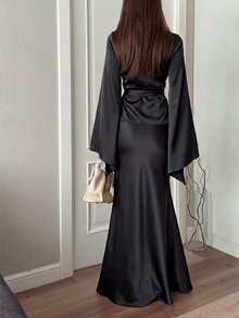 2pcs Women's Elegant Solid Color Long Sleeve Top And Skirt Set Spring Black - Black - View 3