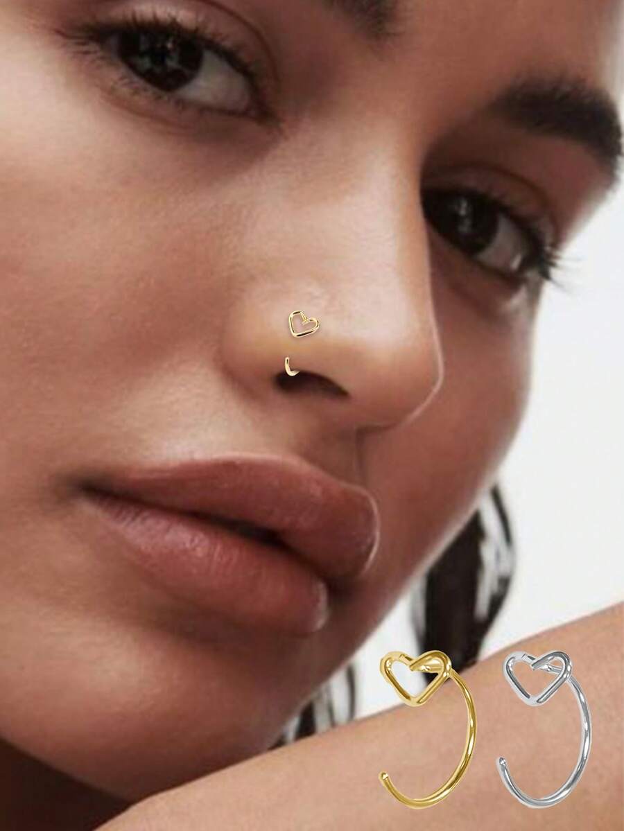 1件925纯银14K低过敏性L形心形鼻环/鼻钉，男女通用鼻饰 - 單隻鼻釘 - 查看 1