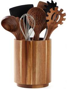 Acacia Wood Utensil Holder For Kitchen Counter, 360 °   Rotating 7.2" Wooden Cooking Utensil Crock For Countertop, Farmhouse Kitchen Decor - XI LANH - Xem 1
