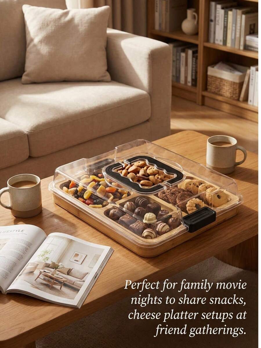 Bộ đồ dùng phục vụ bằng tre cao cấp 2 trong 1: Khay tròn có nắp và hộp đựng đồ ăn nhẹ hình vuông có tay cầm và nắp, lý tưởng để đựng phô mai, kẹo, món khai vị, dùng trong các buổi họp mặt gia đình và làm quà tặng. - Xem 1