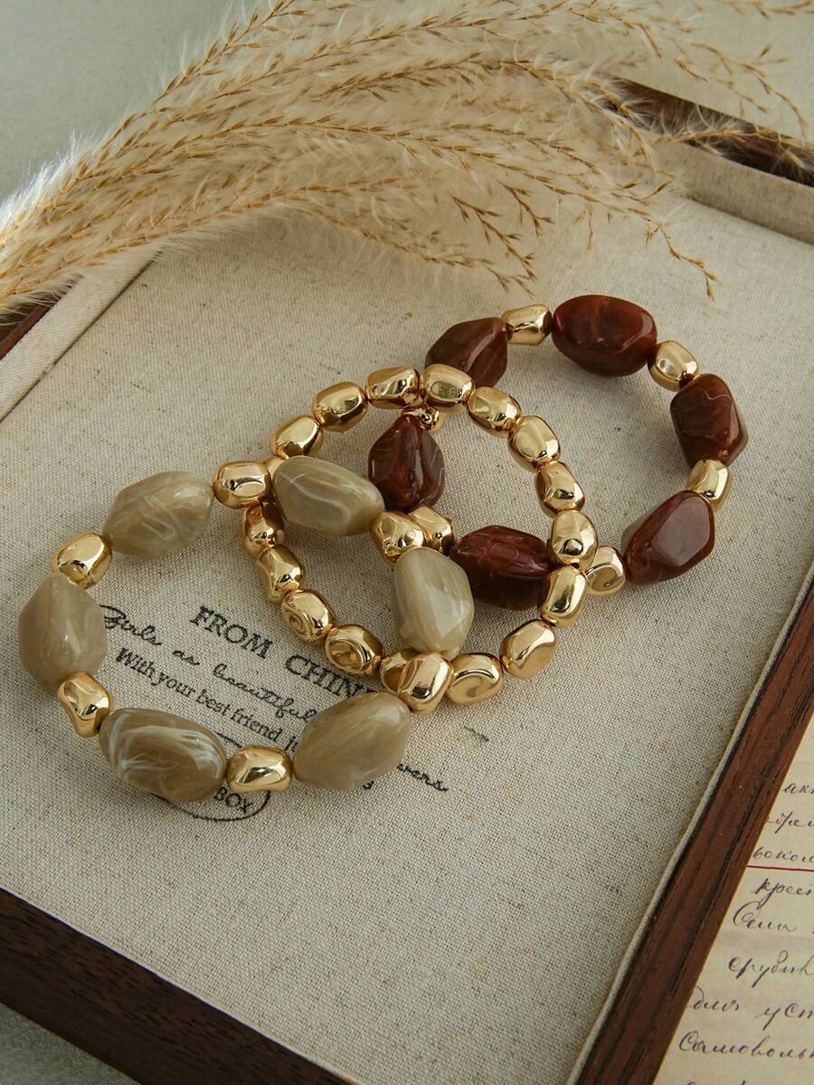 LADYCOCO 3pcs Vintage Elegant Coffee Color Acrylic Beaded Bracelet Set, Suitable For Women And Couples Daily Wear - Multicolor - View 1