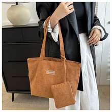 2pcs/Set Large Capacity Corduroy Tote Bag Set, Light Gray/Pale Blue/Caramel Brown, Retro Vertical Stripe, Casual Shoulder Bag And Handbag, Open Top, Big Size, Multi-Pocket, Daily Commute, School, Shopping, Short Trip, Soft Durable Corduroy, Comes With Coin Purse, Fits 13-Inch Laptop, Korean Ins Style, All Season, Fashionable & Practical Women Tote Bag, Student, Office Worker - Multicolor - View 6