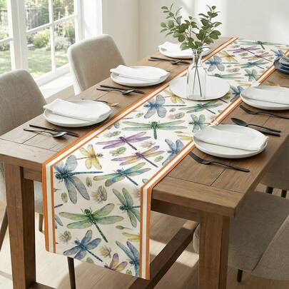 1pc Dragonfly Print Table Runner, Suitable For Holidays, Parties, Birthdays, Dinners, Restaurant Table Decor, All Seasons, Home Decor